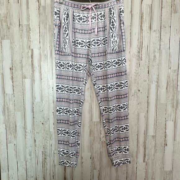 Jane and Bleecker Pajama Pants Small Pink Fair Isle Patch Pockets Soft Fleece - Picture 1 of 9